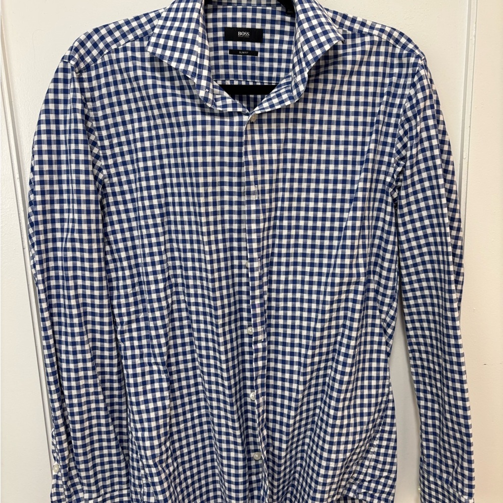 Boss Men's Navy and White Plaid Shirt